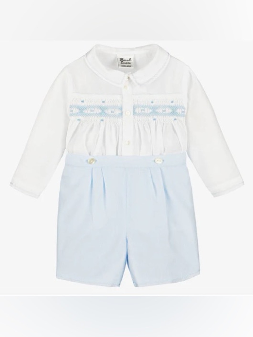 Sarah Louise Boys Blue & White Hand-Smocked Buster Suit (Size: 3T) NWT